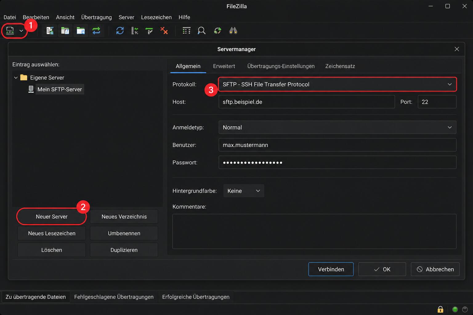 Servermanager: Protokoll SFTP, Host und Port 22 eintragen, Anmeldeart Normal wählen.