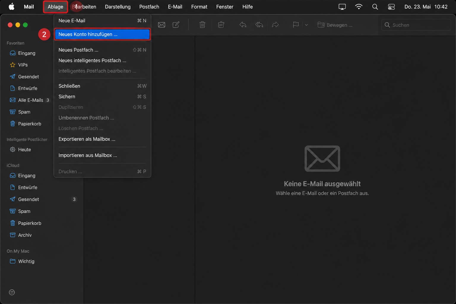 Apple Mail öffnen und die Einrichtung eines neuen E-Mail-Kontos starten.