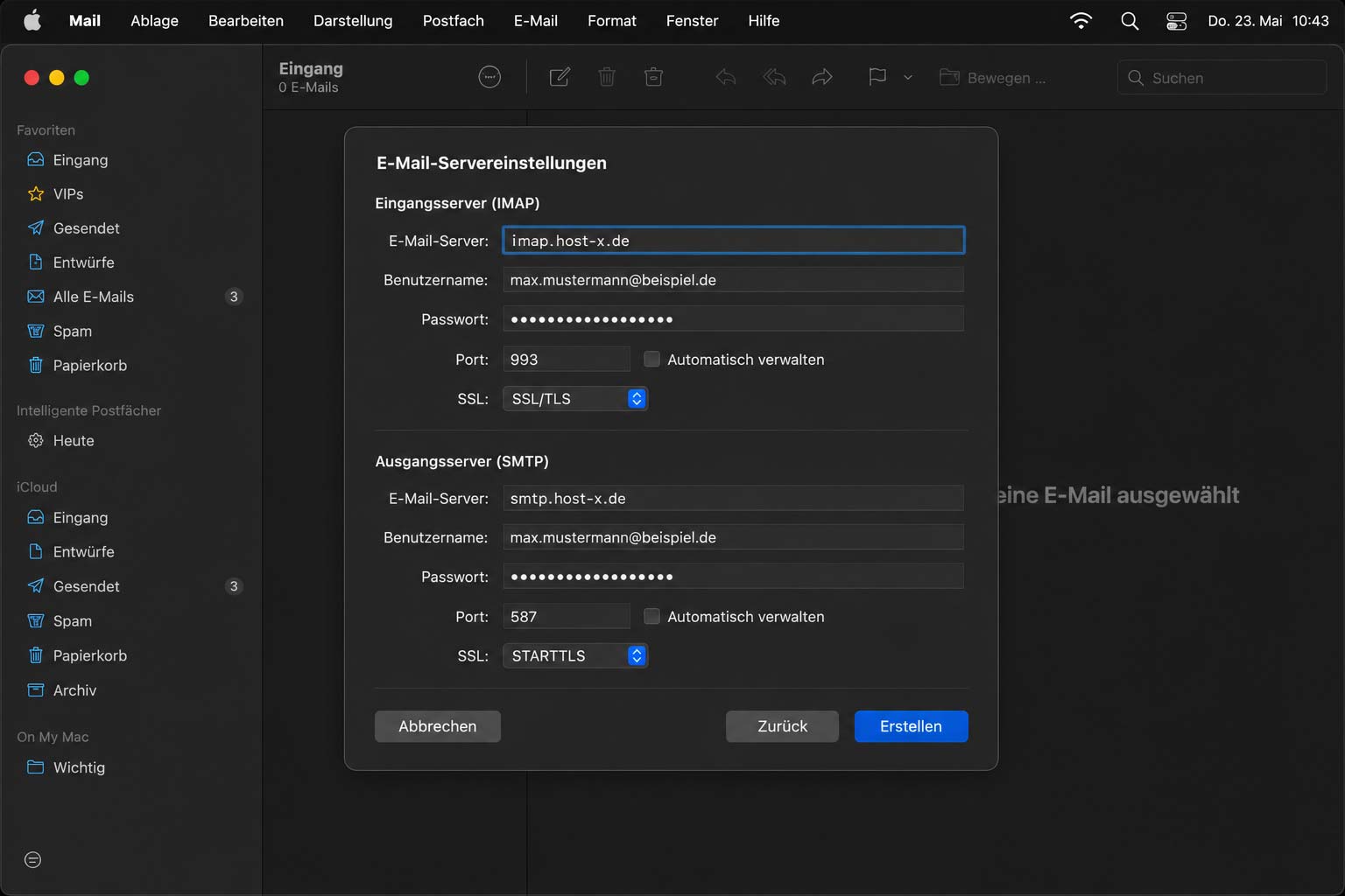 IMAP- und SMTP-Server mit Benutzername und Passwort eintragen.