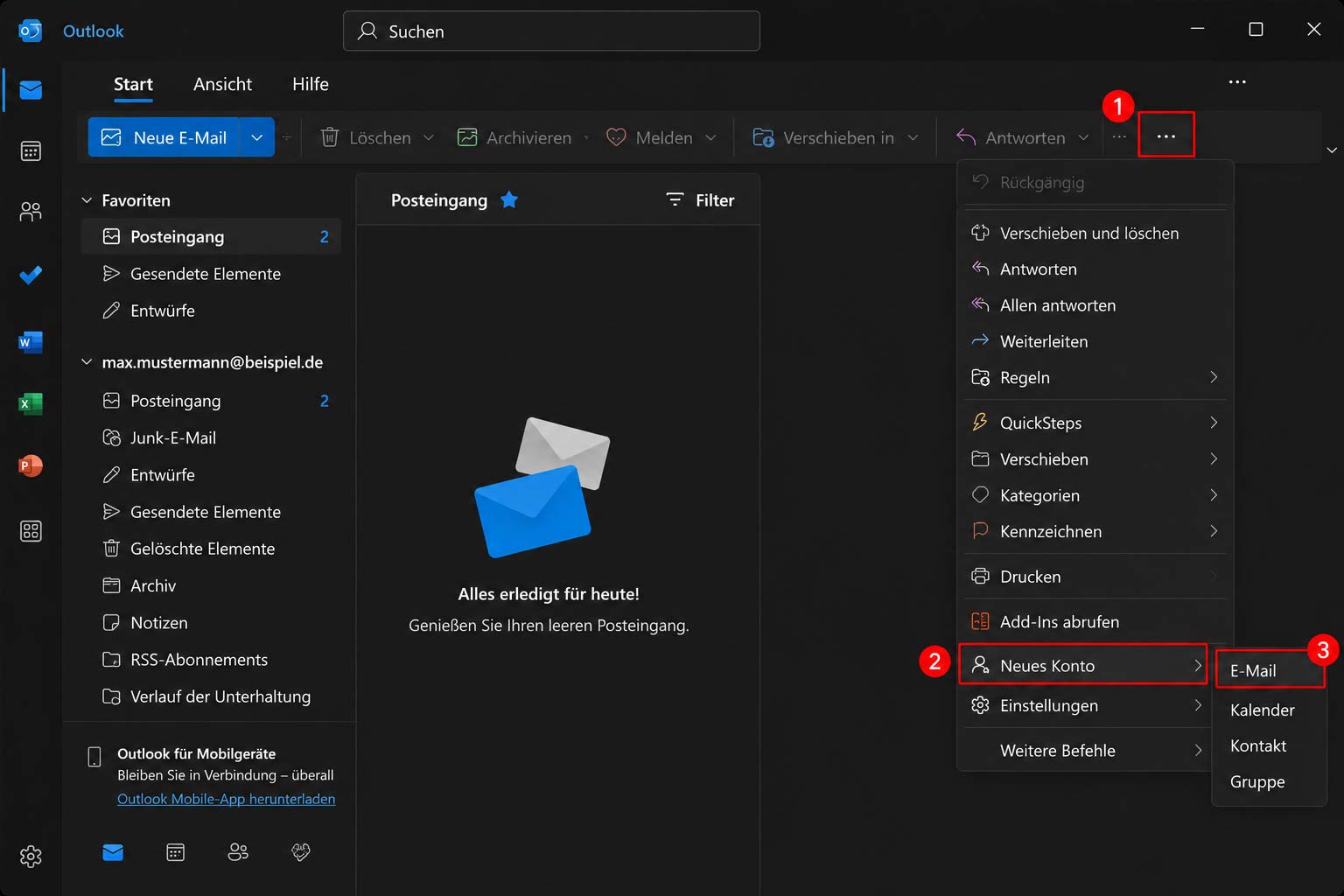 Outlook öffnen und die Einrichtung eines neuen E-Mail-Kontos starten.