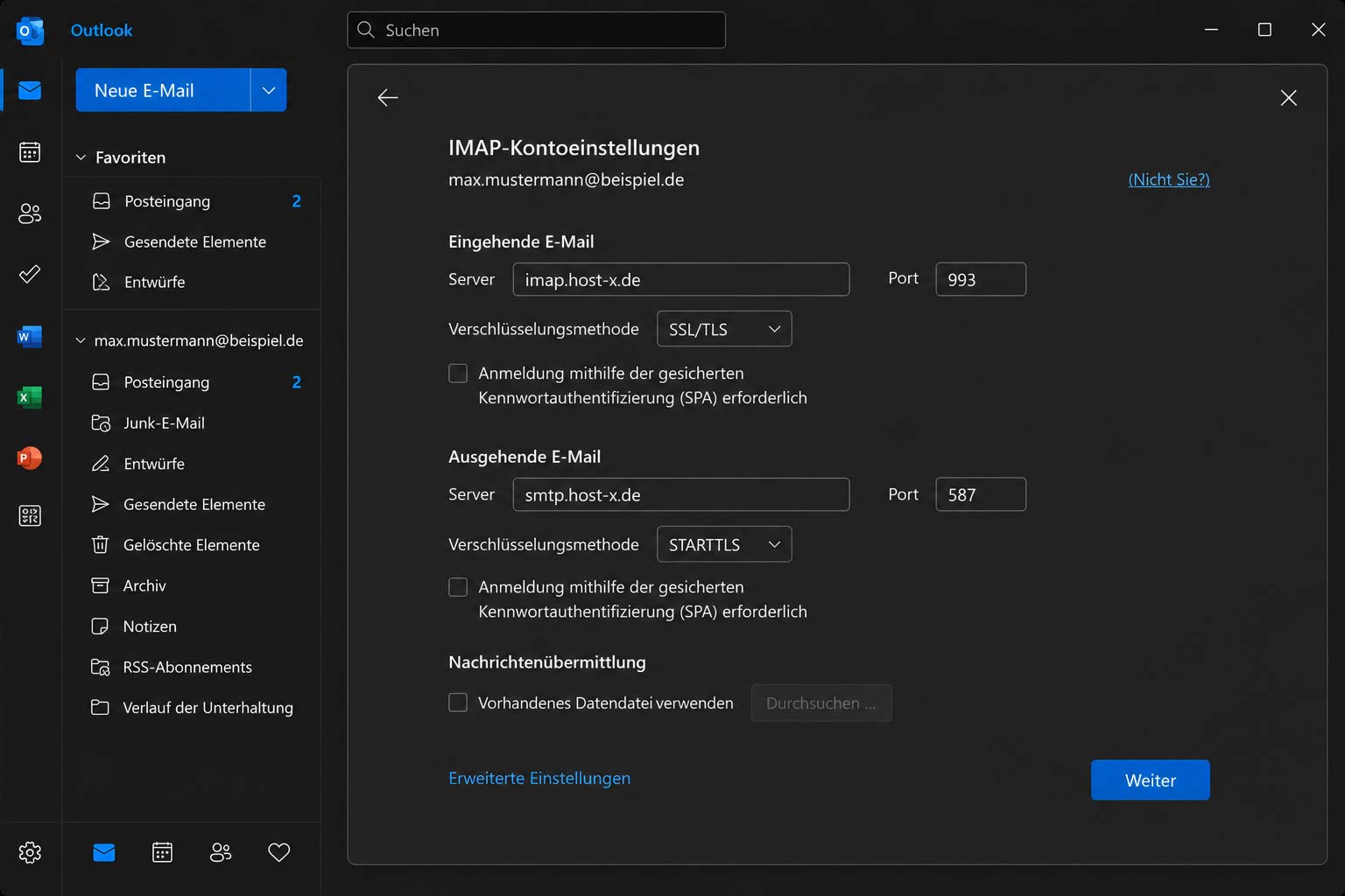 IMAP- und SMTP-Server mit den passenden Ports und Verschlüsselungen eintragen.