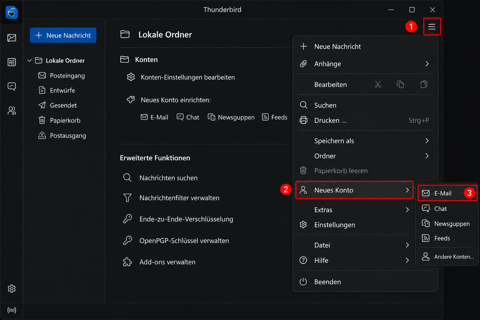 Thunderbird-Menü öffnen und Neues Konto → E-Mail auswählen.