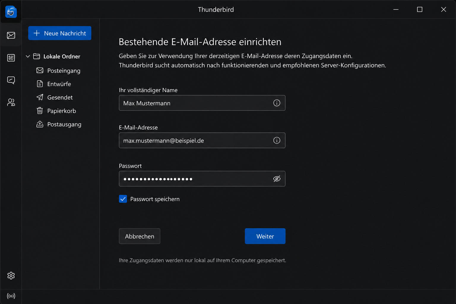 Vollständigen Namen, E-Mail-Adresse und Postfach-Passwort eintragen.
