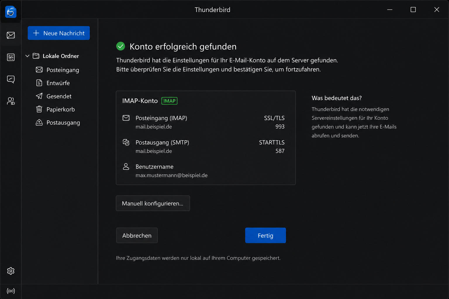 Thunderbird-Konfiguration prüfen, bestätigen und das Postfach testen.